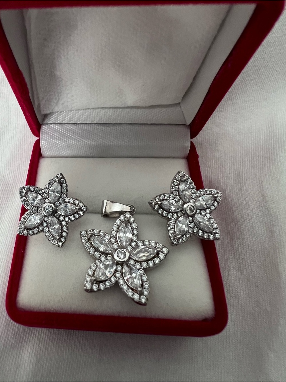 925 Sterling Flower CZ Necklace and Earring Set - White Sparkle